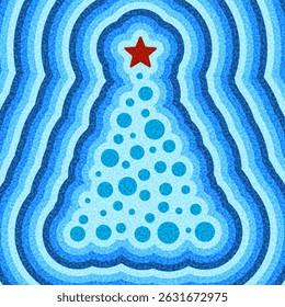 Abstract Christmas tree made of blue dots and crowned with a red star, surrounded by wavy blue stripes. Vector illustration.