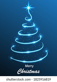 Abstract christmas tree made of bright spiral light, vector art illustration.