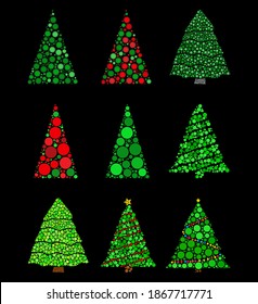 Abstract christmas tree made from dots set. Fir tree made with green circles collection. Vector illustration isolated on black background. Best for retro or vintage xmas postcard. 