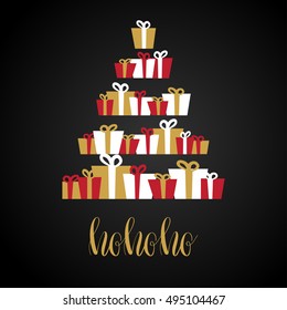 Abstract christmas tree made from Gift boxes ?ard with text Ho Ho Ho. Lettering calligraphy  quote.
