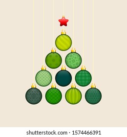 Abstract Christmas Tree Made Of Green Baubles With Pattern Gold Red Star Beige Background