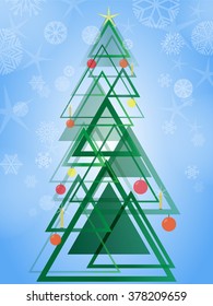 Abstract christmas tree made of green geometric triangles with yellow star and Snowflake. Christmas tree background. EPS 10.