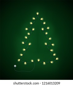 Abstract Christmas tree made from lighting garland on green background