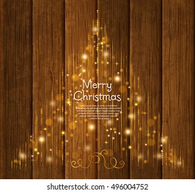 Abstract Christmas tree made from lights and gold line on wooden background. Vector.