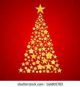 Abstract Christmas tree made of shiny golden stars on red background. 