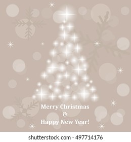 Abstract Christmas tree made of sparkles and lights. EPS10 vector greeting card. Happy new year and merry christmas