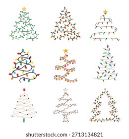 Abstractas árbol de Navidad hecho de luces de cadena. Guirnalda espiral creativa con bombillas de colores. Arte de línea de Vector minimalista para tarjetas Festiva modernas.