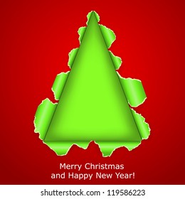 Abstract Christmas tree made Ã?Â¢??Ã?Â¢??of torn paper on red background. Vector eps10 illustration