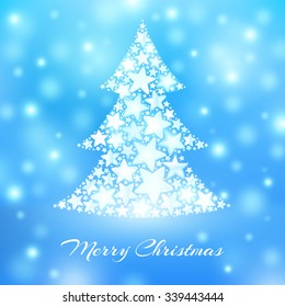 Abstract christmas tree made of white stars on blue background. Greeting card. Vector illustration