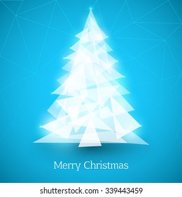 Árbol de Navidad abstracto hecho de triángulos blancos sobre fondo azul. Tarjeta de felicitación. Ilustración del vector