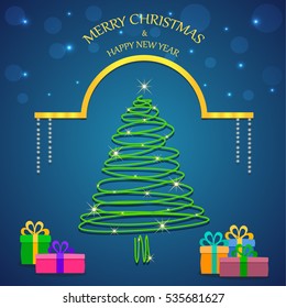 abstract Christmas tree and merry Christmas message with gifts, golden decoration lines and elements, vector