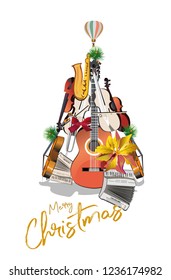 Abstract Christmas tree with musical instruments:a guitar, a violin, trumpet etc. Musical poster.