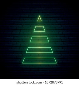 Abstract Christmas tree in neon style. Green neon Christmas tree sign isolated on brick wall background. Vector illustration.