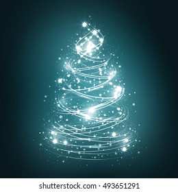 Abstract christmas tree on blue background with snowflakes