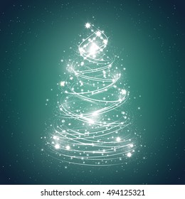Abstract christmas tree on blue background with snowflakes