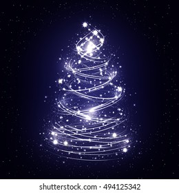 Abstract christmas tree on blue background with snowflakes
