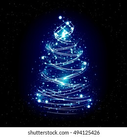 Abstract christmas tree on blue background with snowflakes