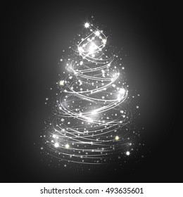 Abstract christmas tree on dark grey background with snowflakes