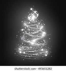 Abstract christmas tree on dark grey background with snowflakes