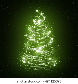 Abstract christmas tree on a green background with snowflakes