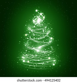 Abstract christmas tree on a green background with snowflakes