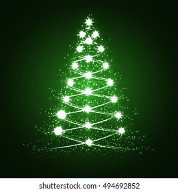 Abstract christmas tree on a green background with snowflakes