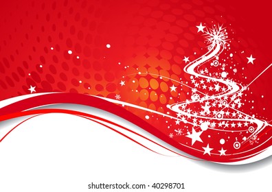 Abstract christmas tree on red background, vector illustration for xmas