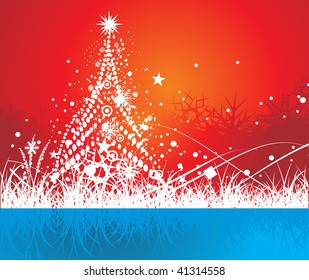 Abstract christmas tree on red background, vector illustration for xmas