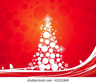 Abstract christmas tree on red background, vector illustration for xmas