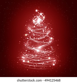 Abstract christmas tree on red background with snowflakes