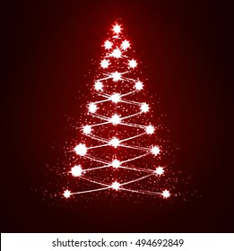 Abstract christmas tree on a red background with snowflakes