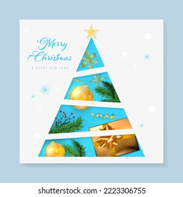 Abstract christmas tree in paper cut style with christmas elements - vector illustrations