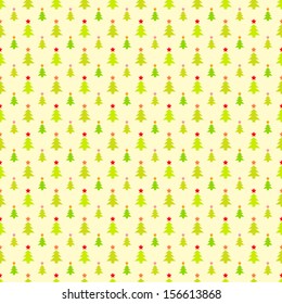 Abstract Christmas tree pattern wallpaper. Vector illustration for funny holiday noel design. Green, yellow and red colors. Seamless background. Endless texture can be used for fill, web page, surface