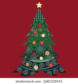 Abstract Christmas Tree with patterns, decorations and baubles on the branches, isolated on a burgundy background. Holiday graphic for a party invitation or greeting card