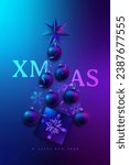 Abstract Christmas tree with realistic 3d baubles, snowflakes, gift boxes and star. Xmas festive neon color background with decorative balls.