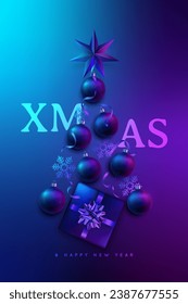 Abstract Christmas tree with realistic 3d baubles, snowflakes, gift boxes and star. Xmas festive neon color background with decorative balls.