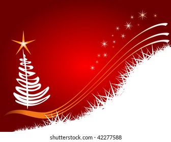 Abstract christmas tree, red background with stars