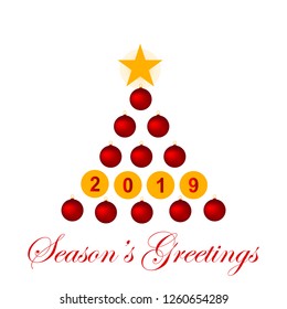Abstract Christmas tree with red ball ornaments and number 2019. Vector illustration EPS 10. White background.