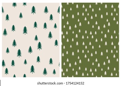 Abstract Christmas Tree Seamless Vector Patterns. Green Trees Isolatd on a Light Beige Background. Tiny Winter Forest on a Green Backdrop. Simple Woodland Party Decoration.