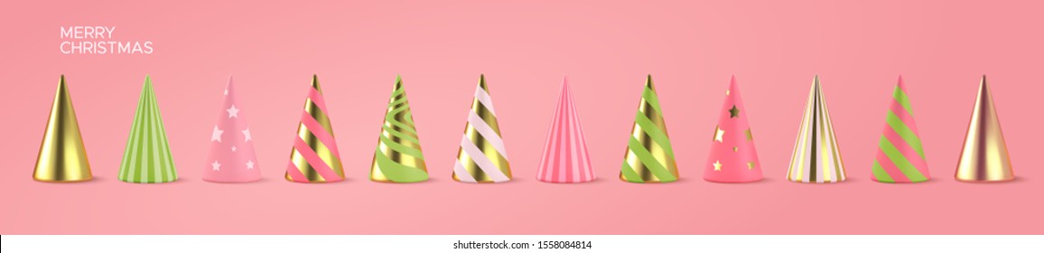 Abstract Christmas tree set. Vector 3d illustration. Pink, golden and green geometric cone shapes. Festive elements for design. Merry Christmas. Holiday season concept