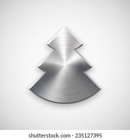 Abstract Christmas tree sign, blank button template with metal texture (chrome, silver, steel), realistic shadow and light background for user interfaces, UI, applications and apps. Vector.