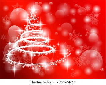 Abstract Christmas tree with snowflake and star on red bokeh background, copy space on top right for fill text, For greeting card on winter season