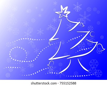 Abstract Christmas tree with snowflake and star on blue background, copy space on top left for fill text, For greeting card on winter season