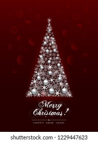 Abstract Christmas tree from snowflakes and silver christmas balls vector background. Glossy Christmas card. Vector holiday illustration on red background and  inscription Merry Christmas.