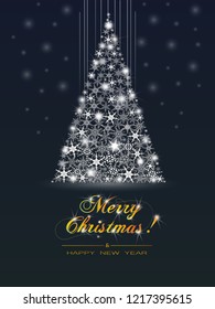 Abstract Christmas tree from snowflakes vector background. Glossy Christmas card. Christmas tree in the night sky
and inscription merry christmas. Vector illustration. 