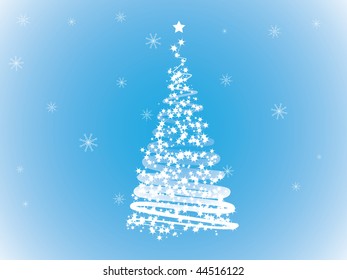 abstract Christmas tree with a star on top and flying around the beautiful snowflakes