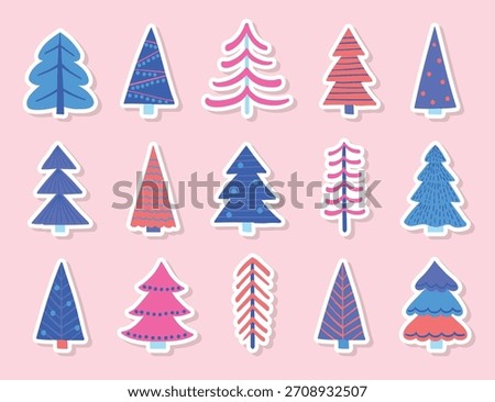 Abstract Christmas tree stickers collection. X-Mas doodle ornaments. Vector illustration