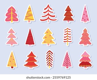 Abstract Christmas tree stickers set. Hand drawn X-Mas decorations. Vector illustration