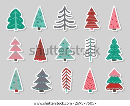 Abstract Christmas tree stickers set. Hand drawn X-Mas decorations. Vector illustration