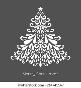 Abstract Christmas tree. Vector decoration made from swirl shapes. Greeting, invitation card. Simple decorative gray and white illustration for print, web.